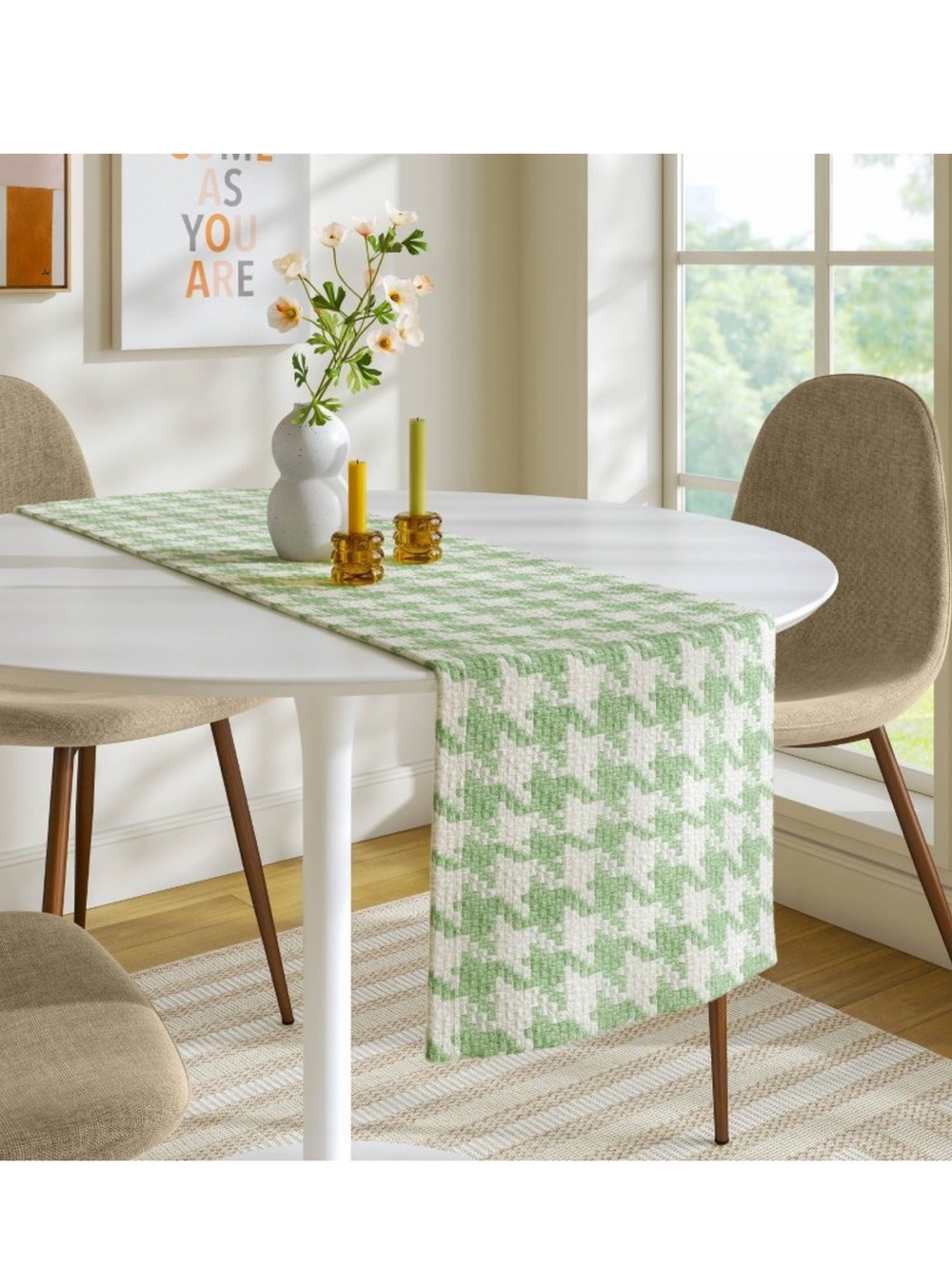 Room Essentials Green & Cream Woven Table Runner Textured Houndstooth 14 x 72 - Picture 2 of 4